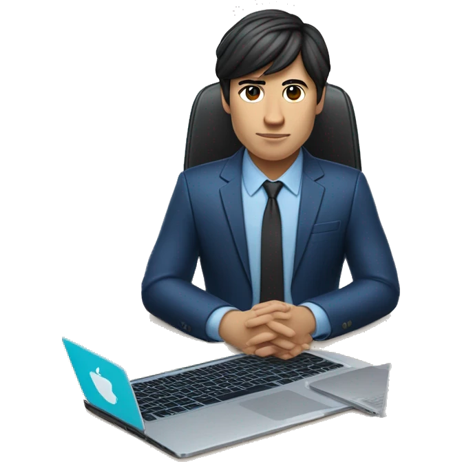 memoji of a young man with a laptop in front, apple-style, on laptop with a blue sticker with 4 letters: "WYZE", modern, dark hair, dark blue suit, computer in hand, chinese skin, sitting on this desk emoji