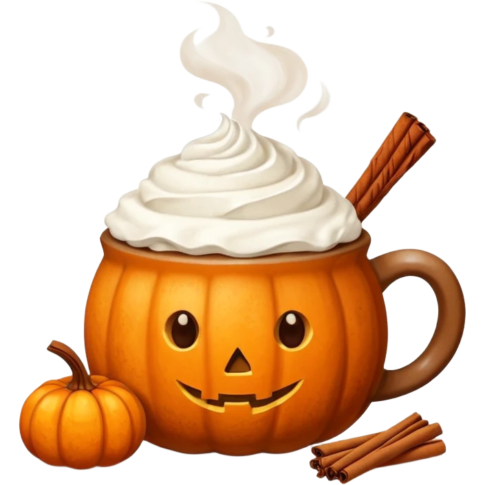 Steaming coffee Mug with whipped Cream and cinnamon Dust on Cream.  Small Punkin and 3 sticks of cinnamon next to mug emoji