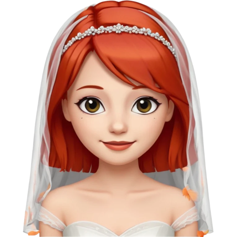 милая девушка невеста, с фатой, рыжими прямыми волосами по плечи, с черными макияжем глаз, тонкими бровями, с улыбкой, в стиле Apple avatar emoji