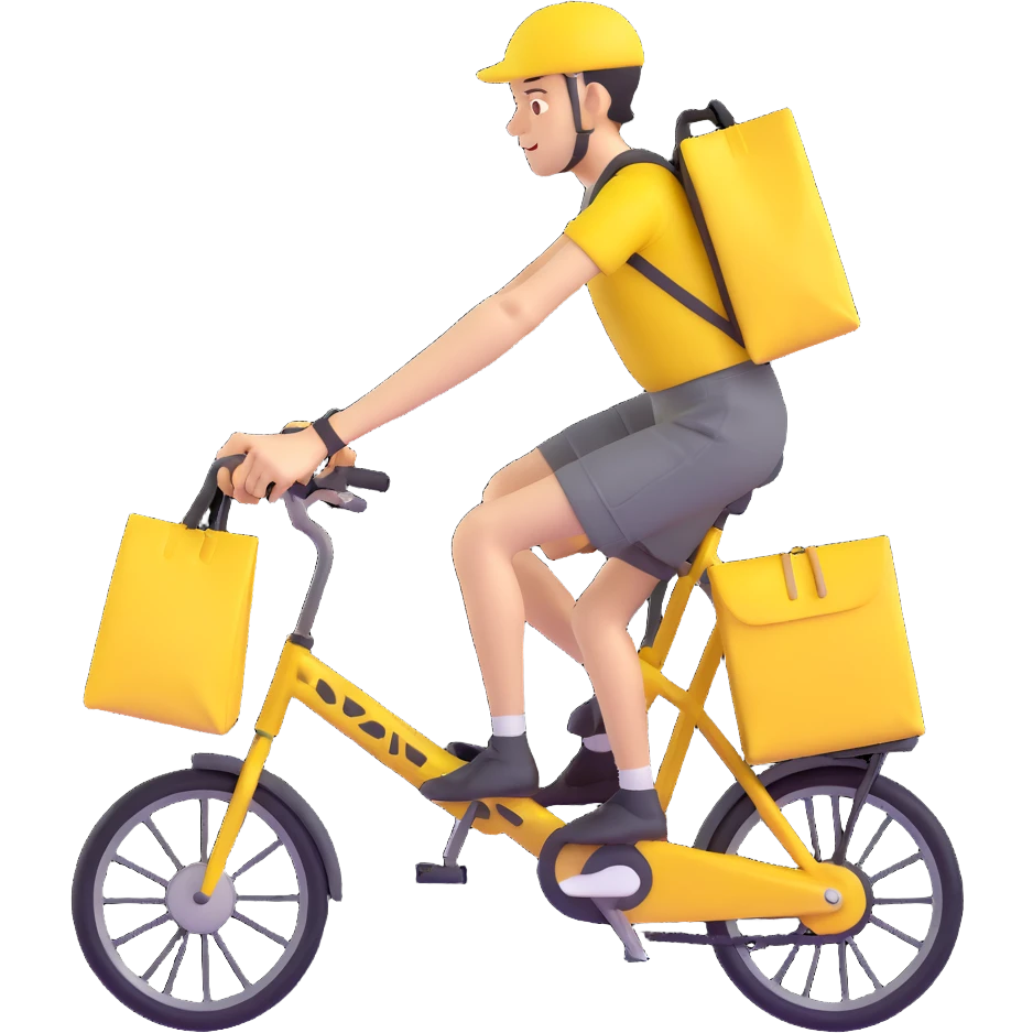 A courier on a yellow bicycle, wearing yellow and black clothes rides from left to right. On the back of the courier is a yellow food delivery bag emoji