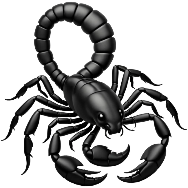 A 3D cartoon scorpion with shiny dark body and curled tail, on a light surface, realistic Memoji-style, soft lighting. emoji