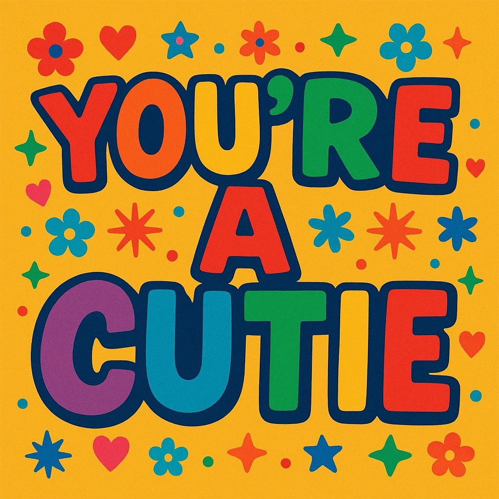 "you're a cutie" in bold rainbow colors, hand-lettered extra thick fun font, festive and friendly vibe emoji