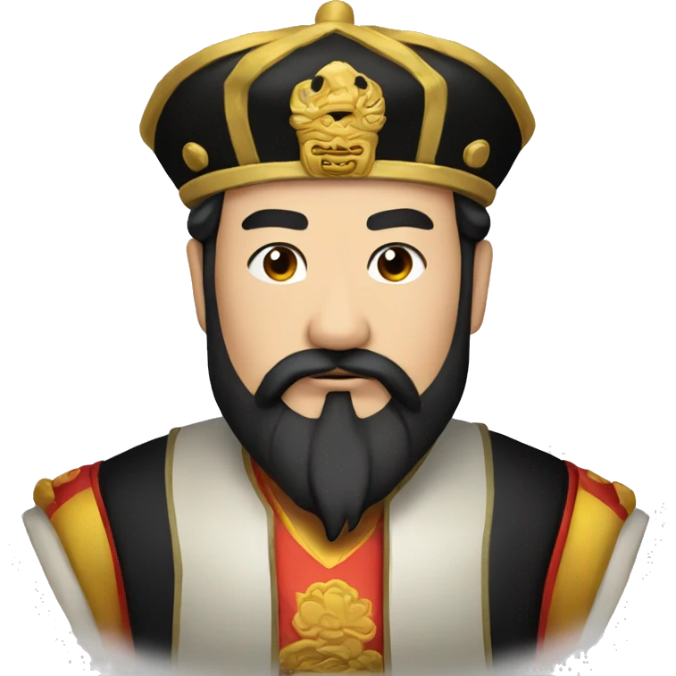 The Chinese emperor,with black hair and black beard,wore a high black golden hat  emoji