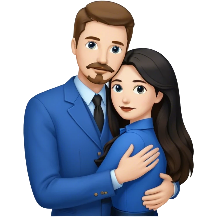 tall white man with brown hair goatee mustache hugging a pale woman with long black hair, wearing blue formal clothing emoji