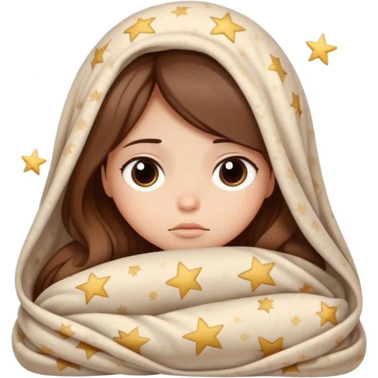 Sleepy girl with long brown hair wrapped like a burrito in a blanket, eyes half-open elegant stars  emoji