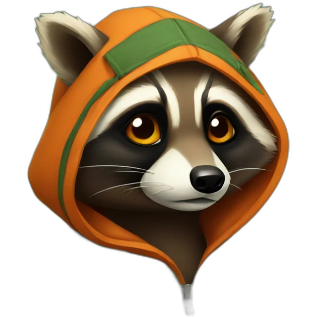 brown raccoon with orange eyes and a dark green hood that is sad emoji