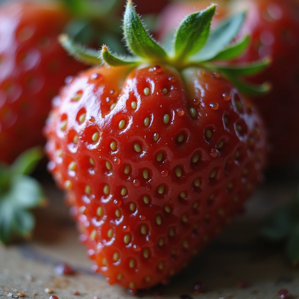 realistic red strawberry, dew drops, transparent background emoji