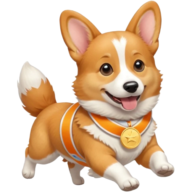 a corgi picking running a marathon with gold medal emoji