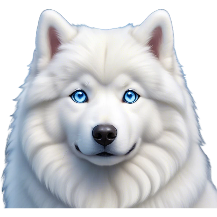Cinematic Noble Samoyed Portrait Emoji, Poised and regal, with a majestic, sturdy build and a luxuriously fluffy pure white Fur, deep-set soulful blue eyes, Simplified yet sharp and sophisticated features, highly detailed, glowing with a soft, dignified glow, high shine, intelligent and gentle, stylized with an air of elegance, focused and attentive, soft glowing outline, capturing the essence of a watchful and confident companion, so majestic it feels as though it could bound out of the screen with effortless authority! emoji