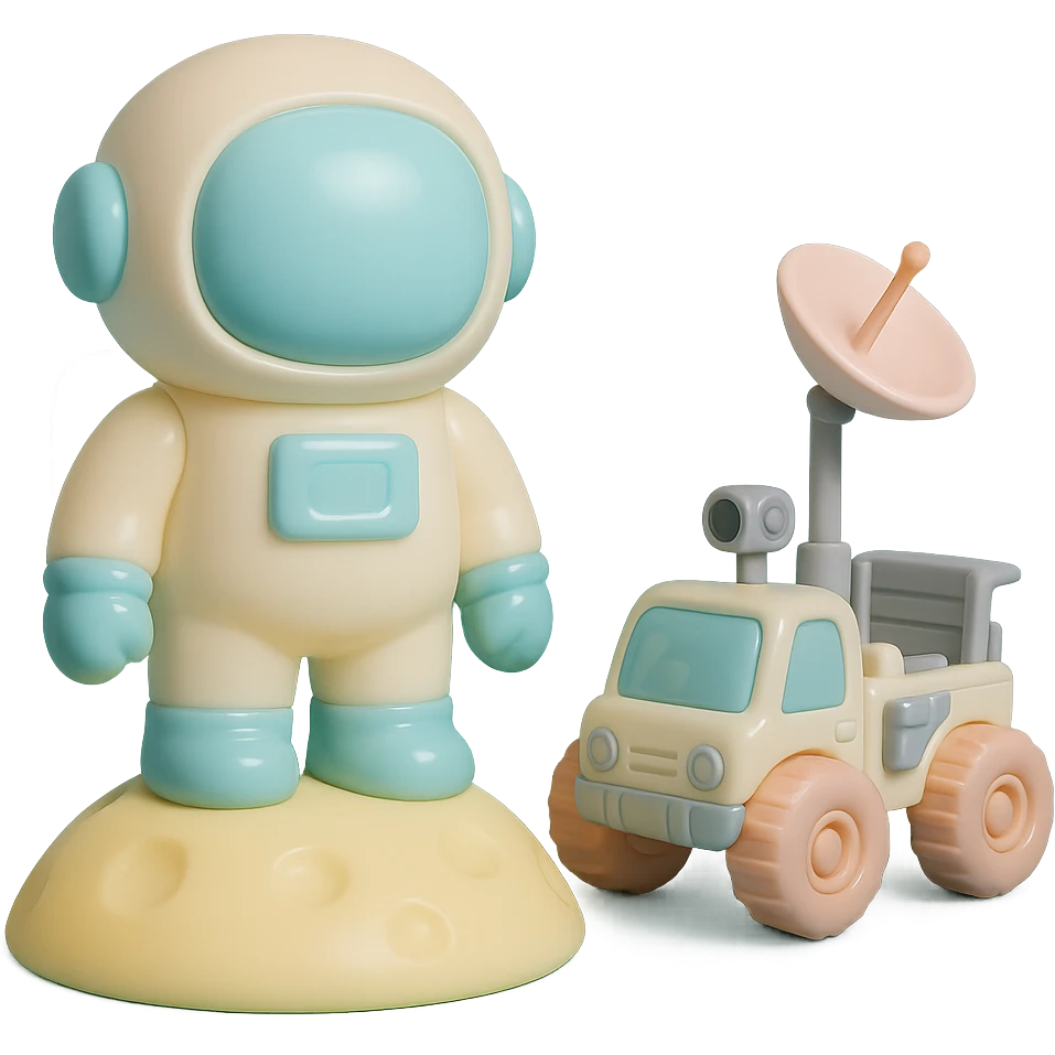 Add a detailed moon rover next to the vinyl figure style astronaut standing on the moon, keep the lunar surface details and original style emoji