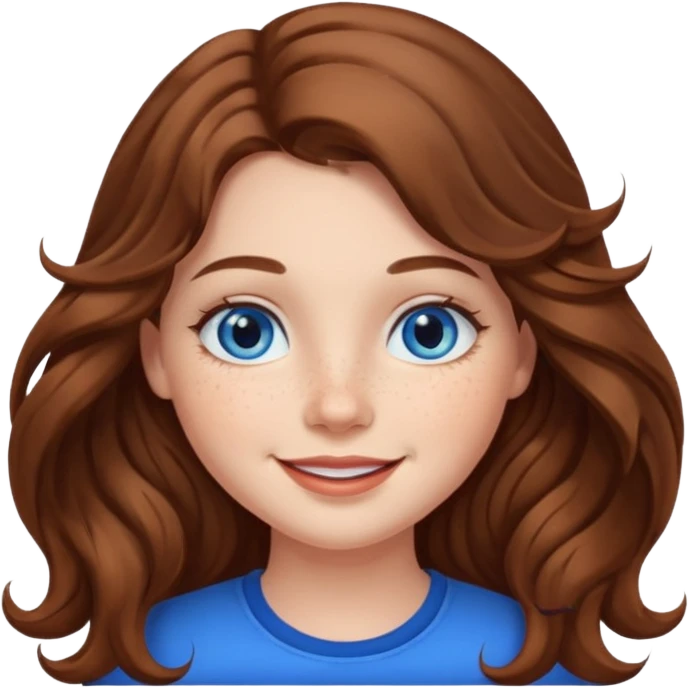 girl with long wave brown hair, blue eyes, plump lips and freckles  emoji