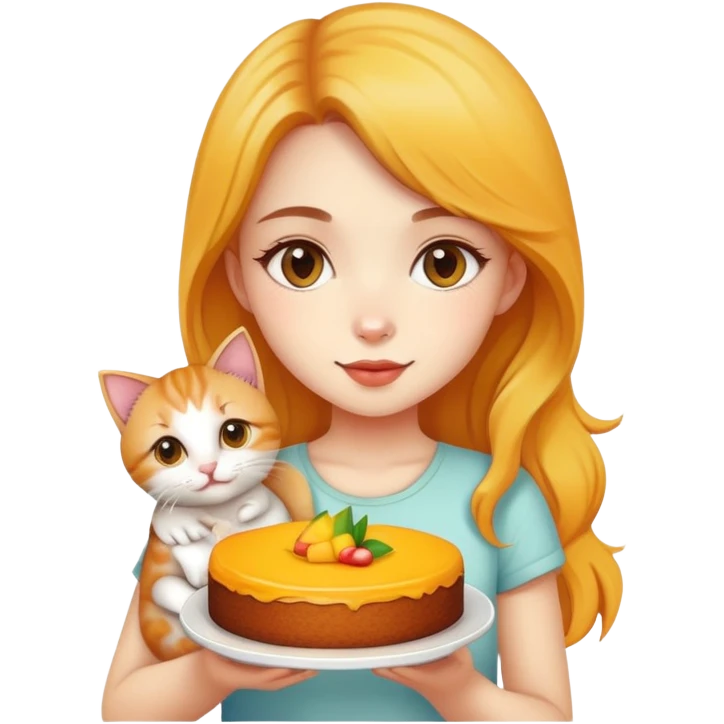 Beautiful girl holding a mango cake and a kitten emoji