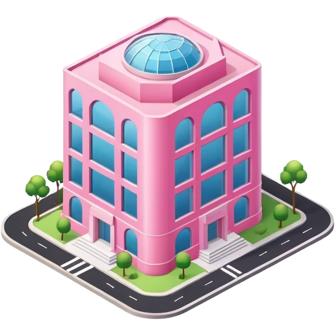 isometric style large pink building or bank with tall rectangular windows and round groundplan, emoji style, more glass emphasis emoji
