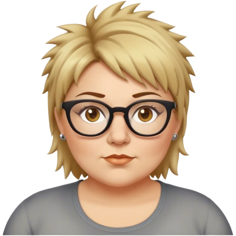  plus size white women with short light brown and blonde shaggy spiked hair wearing glasses with hazel color eyes and flat nose emoji