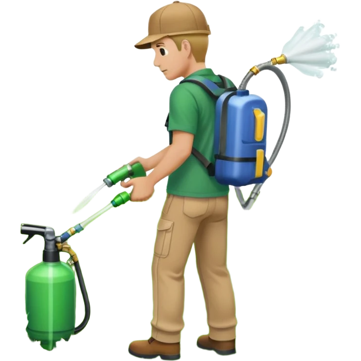 man with a emerald green shirt and tan pants on with backpack chemical sprayer on his back with the hose in his hand pointed downwards at bright green grass emoji