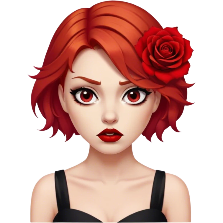 a beautiful very angry woman with red hair and red eyes. The woman wear a black little cutted dress. She have red lipstick and she have a seductive look. She have a rose flower in her hair. Angry face emoji