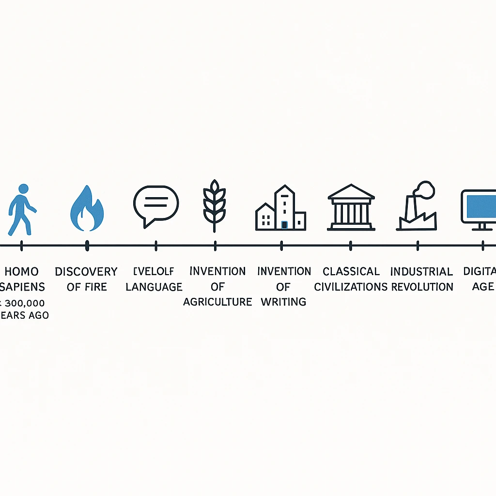 Minimalist horizontal timeline infographic of human existence from Homo sapiens (~300,000 years ago) to present, featuring major milestones: emergence of Homo sapiens, discovery of fire, development of language, invention of agriculture, rise of first cities, invention of writing, classical civilizations, industrial revolution, moon landing, digital age. Each milestone represented by a simple flat icon, monochrome with blue accent, modern sans-serif labels, clean spacing, clean and modern design. emoji