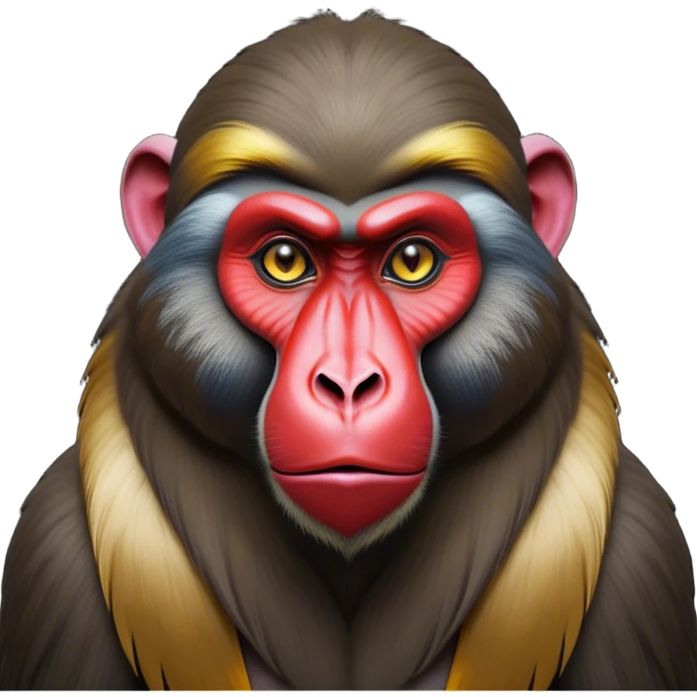 Cinematic Noble Mandrill baboon Portrait Emoji, Poised and regal, with a striking, powerful build and a vivid, deep-set soulful eyes, Simplified yet sharp and sophisticated features, highly detailed, glowing with a vibrant, dignified glow, high shine, intelligent and commanding, stylized with an air of exotic majesty, focused and attentive, soft glowing outline, capturing the essence of a watchful and confident primate, so majestic it feels as though it could step out of the screen with effortless authority! emoji
