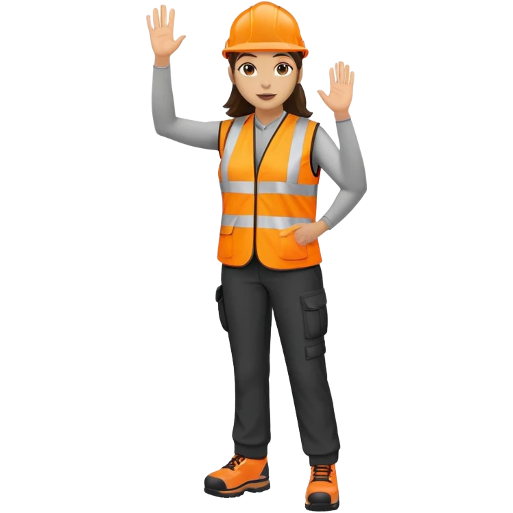 female, orange, hi-vis vest, dark trousers, shoes, hand raised emoji
