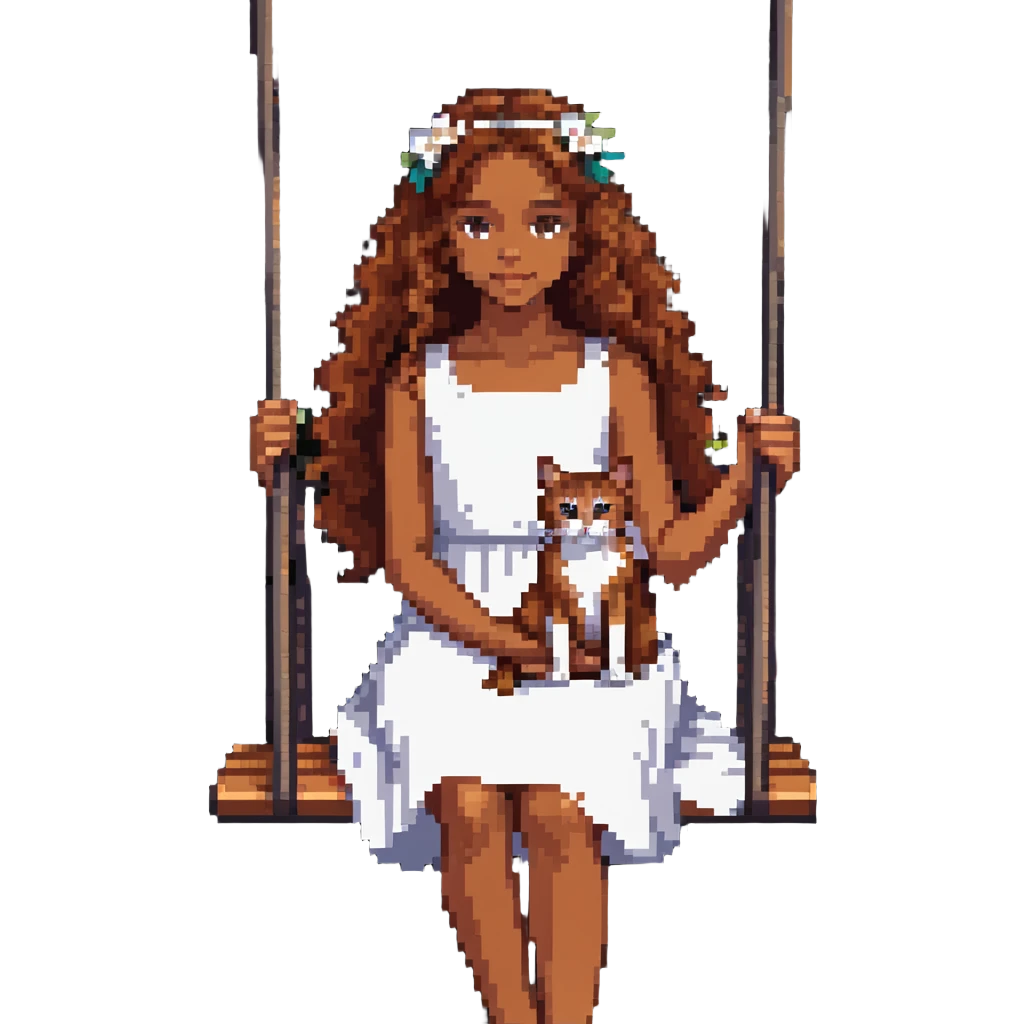 beautiful girl with curly long brown hair in a white dress holding an Abyssinian cat with reddish-brown fur, sitting on a swing emoji