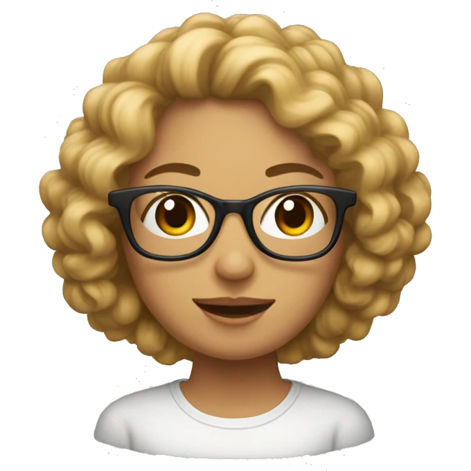 Crea a una mujer con pelo rizado o ondulado y lentes emoji