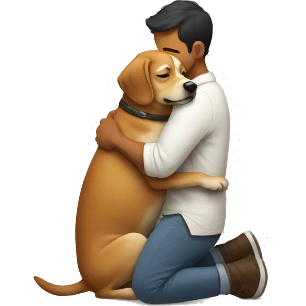 Bipedal dog cuddling with a man emoji