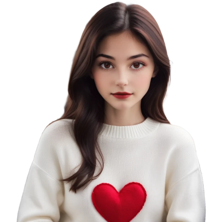 Ini foto seorang perempuan dengan rambut panjang berwarna coklat gelap, memakai sweater putih dengan detail hati merah di bagian bawah. Dia memiliki ekspresi wajah yang natural dan sedikit datar, dengan riasan minimal yang menonjolkan kecantikan alaminya. Pencahayaan dalam foto terlihat lembut, dan latar belakangnya menunjukkan bagian dalam mobil dengan suasana jalanan kota di luar jendela. Foto ini memiliki nuansa kasual dan estetik.
 emoji