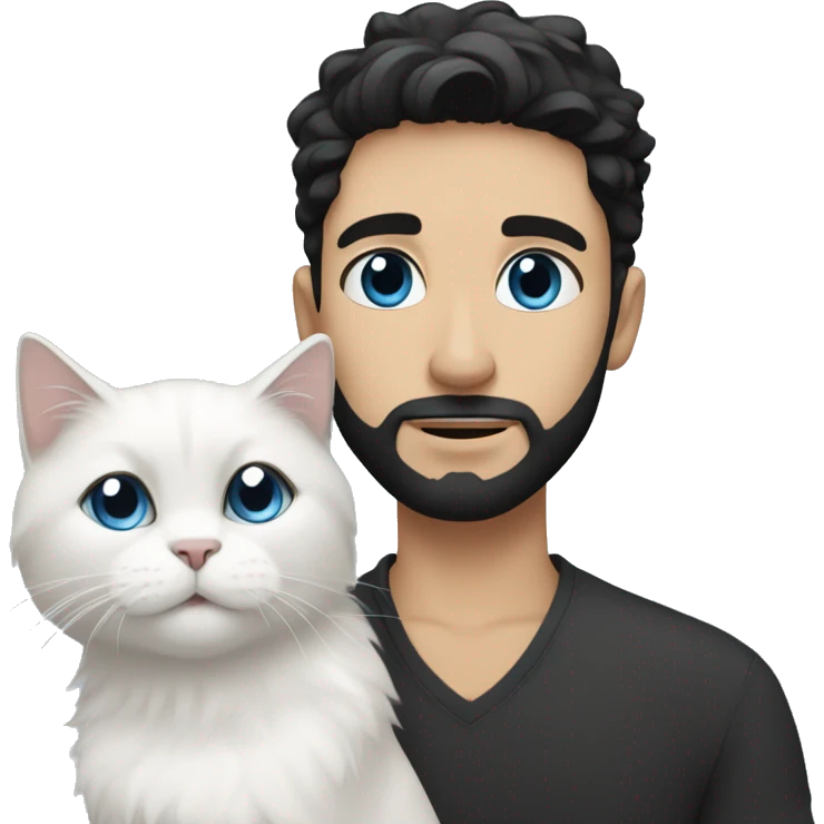A guy with a black earing and black short hair and black beard and holding a all white Siberian cat with blue eyes  emoji