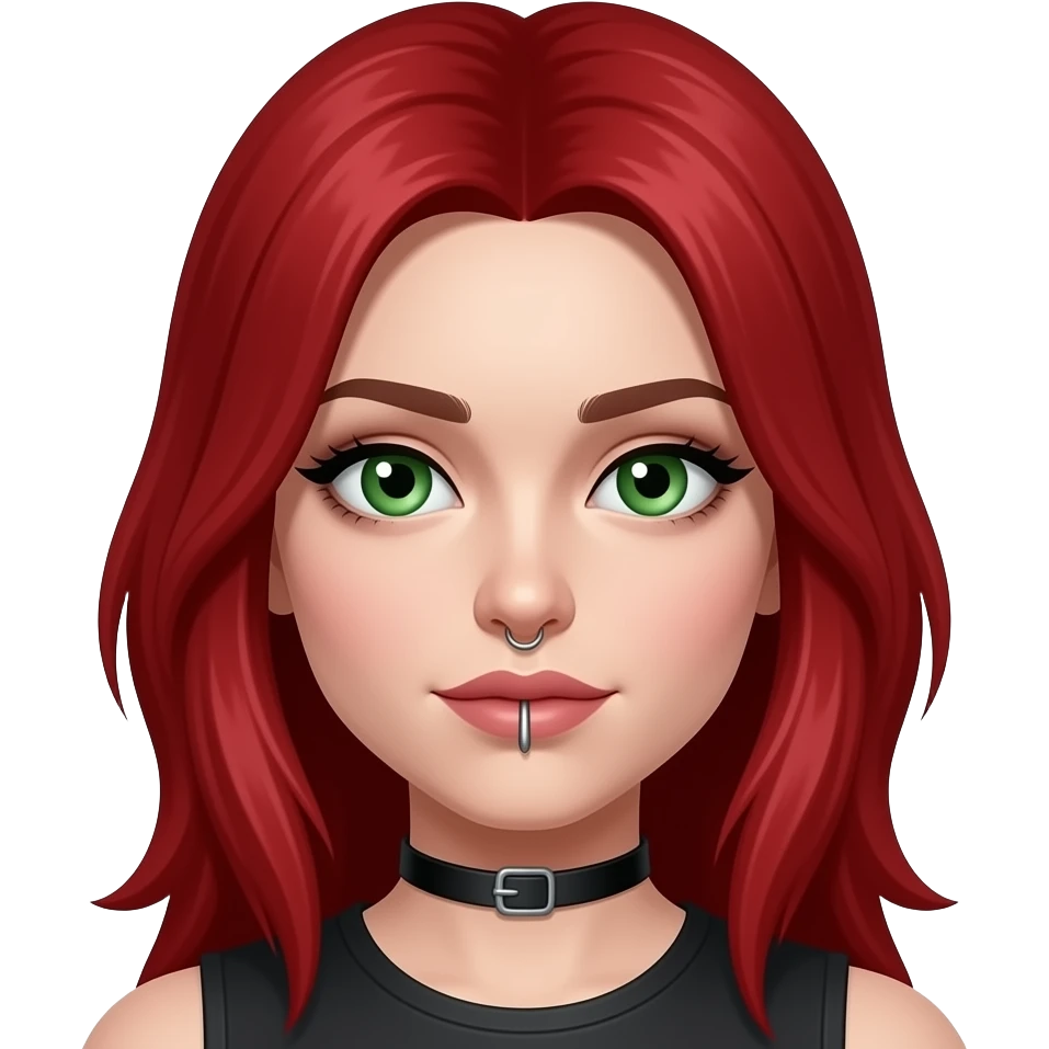 redhead goth girl with green eyes, vertical labret (classic) and nose piercing, with hair down and no bangs emoji