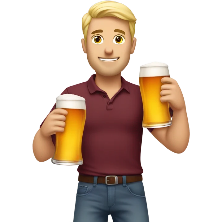 Blonde guy in maroon shirt holding two big beers emoji