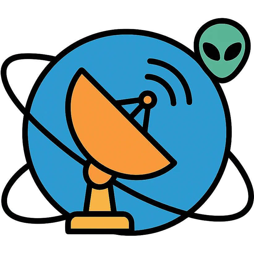 NASA-style symbolic logo for extraterrestrial intelligence search, radio dish, orbit lines, subtle alien motif, modern emblem style emoji
