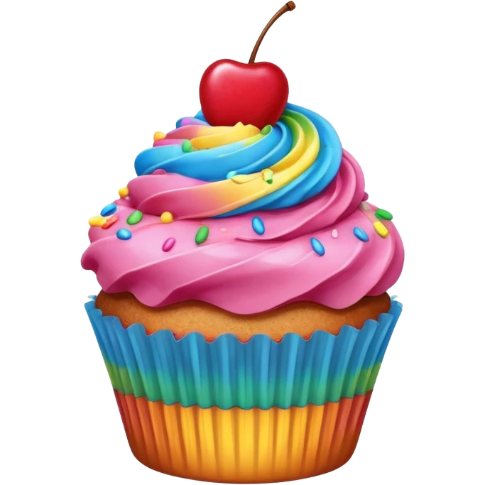 Cupcake with pink icing rainbow sprinkles and a cherry on top emoji