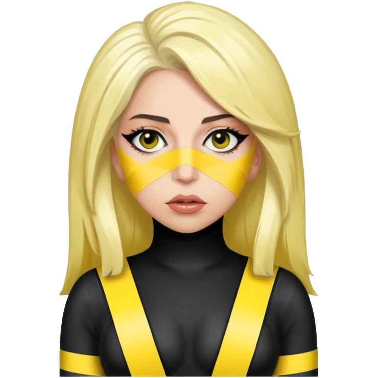 Lady Gaga in the Telephone video, black and yellow caution tape outfit, fierce expression, pop diva emoji