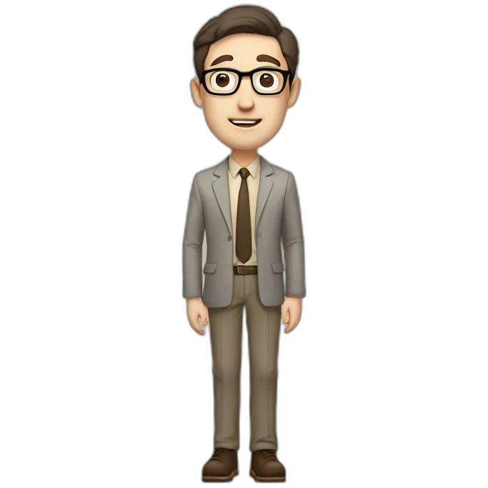 Full height Pale skinned Fit Man With dark brown hair in gray jacket, beige office shirt, tie, Brown pants and vintage glasses. Thrumbs of his palms directed up emoji