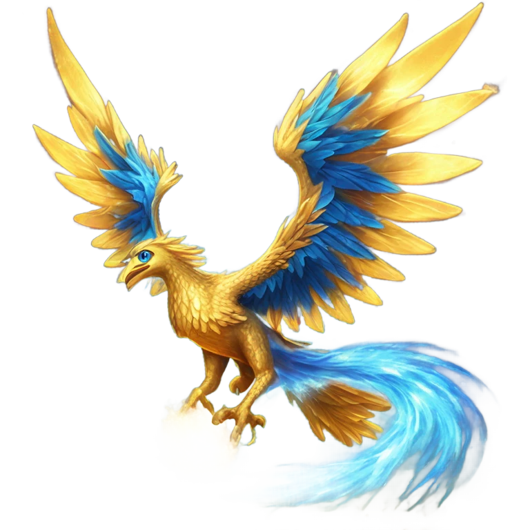 “A molten gold phoenix with electric-blue wings, mid-flight, leaving a trail of fiery stardust and sparks.” emoji