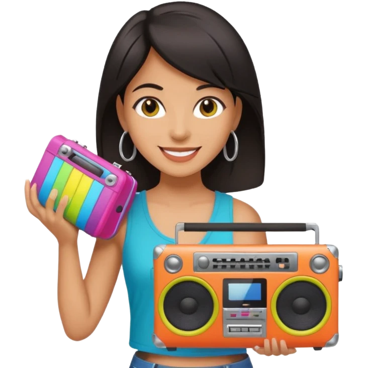 dar hair woman holding colorful boombox emoji
