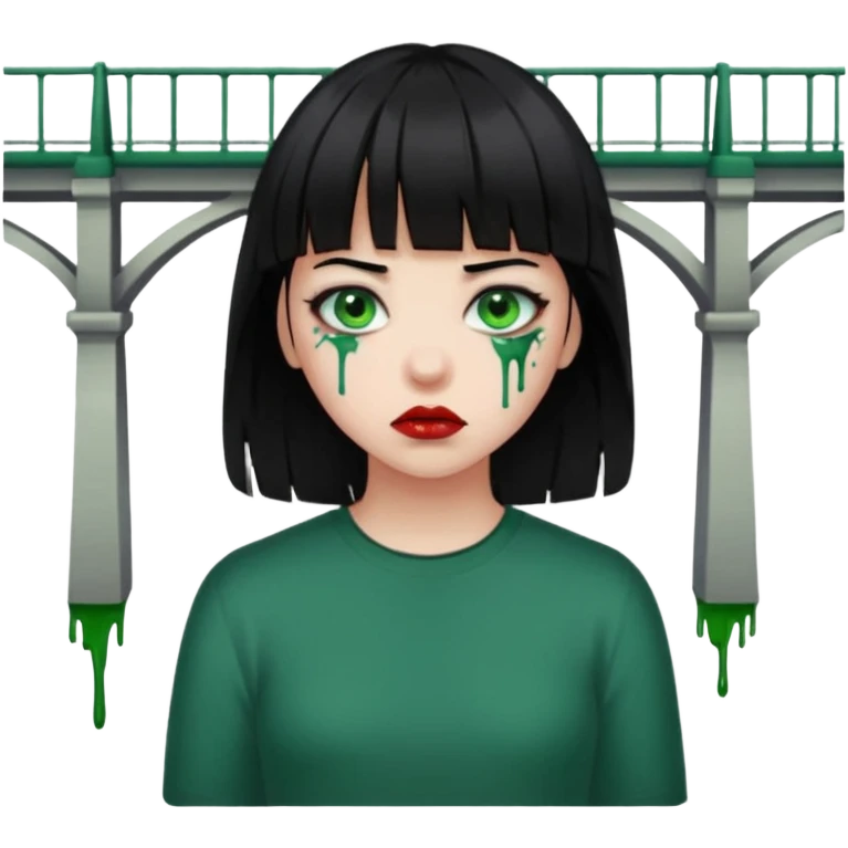 Guria com cabelo preto franjinha sangrando olhos verdes  fundo preto e um piercing bridgepiercing emoji