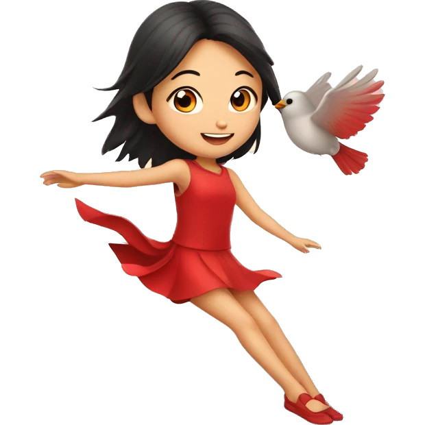 Cute Asian girl flying on cardinal bird emoji