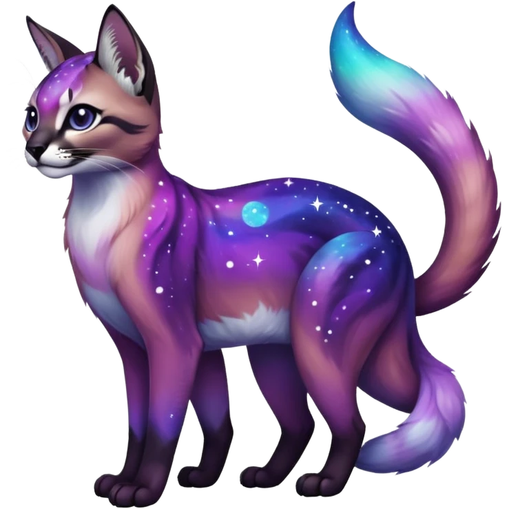 Colorful black-violet-indigo-purple-gradients nebulae nebula starry galactical shiny white-stars-spotted glorious iridescent divine exotic beautiful realistic caracal-civet-sergal-oncilla-animal-Fakémon-hybrid-fursona (full body) emoji