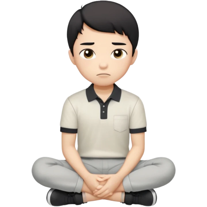 A cartoon young Asian boy with short black hair, light beige skin, and large expressive eyes, wearing a white polo shirt, gray pants, and black shoes. He sits cross-legged on the ground, one fist resting on his cheek, with a closed-mouth smirk. Clean lines, flat colors, solid black background. emoji