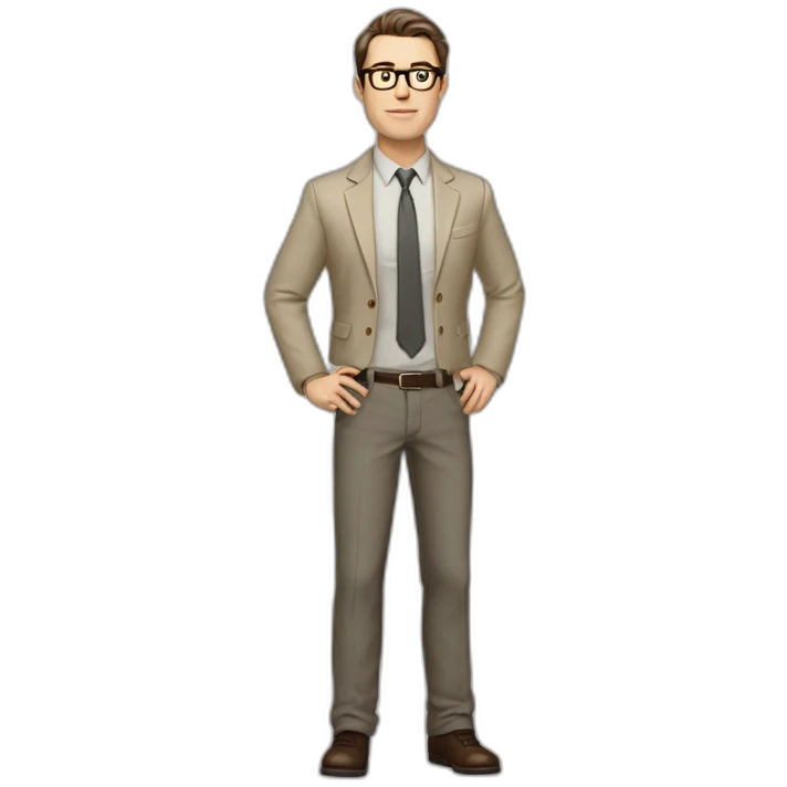 Full height Gesticulating Pale skinned fit man with dark brown hair in gray jacket, beige office shirt, brown tie, brown pants and vintage glasses. emoji