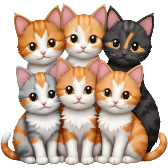 6 tiny kittens cuddling together all different colours, the first one is grey and white, the second is ginger and white and the third is brown tabby and white emoji