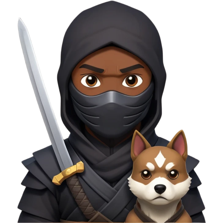 clash-of-clans-aesthetic_-cinematic-mysterious-male-ninja-portrait-emoji, rendered in a flat, vector-style with minimal shading and bold, simplified shapes,   with a head slightly turned revealing intense, focused eyes. the ninja is accompanied by a Ninken dog emoji