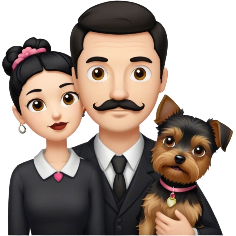 Tall pale guy with dark hair mustache goatee, and short woman with black hair bun, and a yorkshire terrier dog emoji