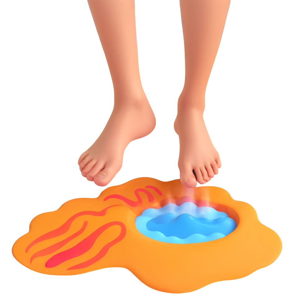 bare foot on scorching hot beach sand with pain indicators and steam heat waves emoji