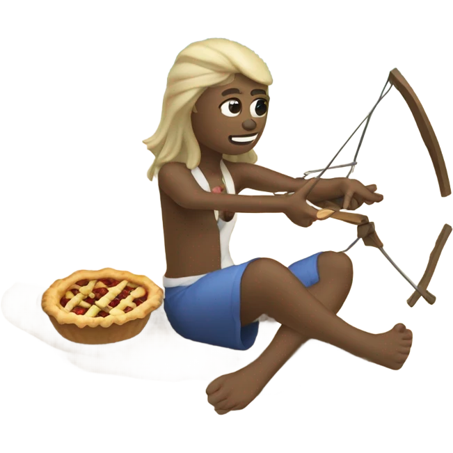 An emoji with a background of a New Zealand beach in summer with a pohutakawa tree and New Zealand native beach, there's a someone eating a pie on the beach holding a crossbow and arrow emoji