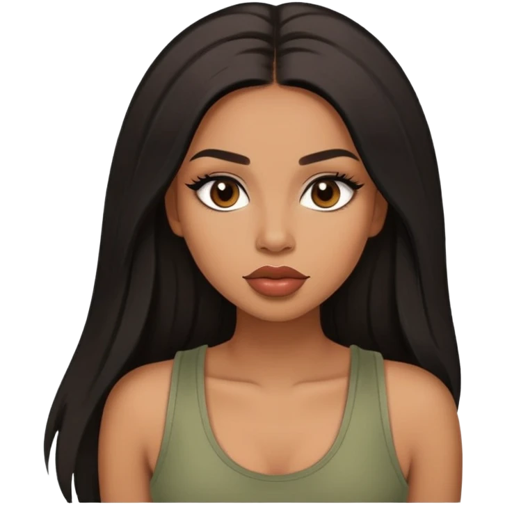 light brown skin tone, very beautiful woman, with big plump lips, long long lashes, black straight long hair, brown eyes, sage tank top emoji