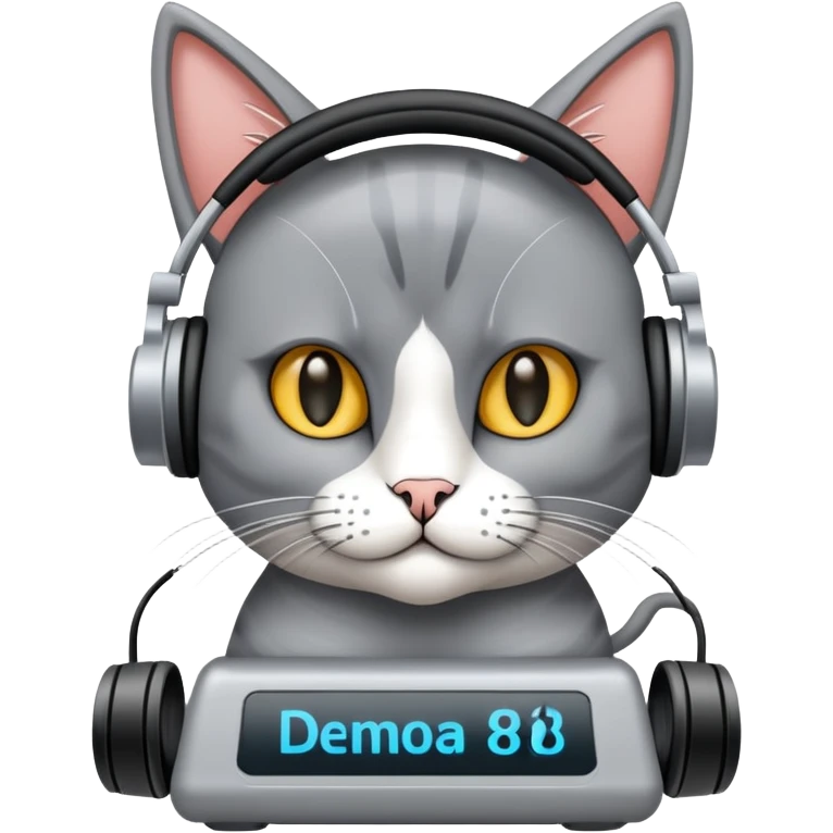 Gato persa gris con audífonos y detrás de él un cartel con el nombre PRIMERA 88.3FM emoji