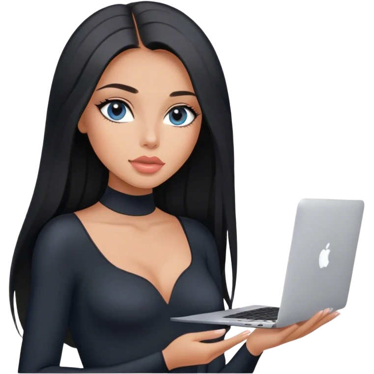 Glamours, tanned, very beautiful girl, with big pump peach-beige-rose lips, black straight smooth silky long hair, straight parting, blue-grey eyes, in black bodysuit holding MacBook emoji