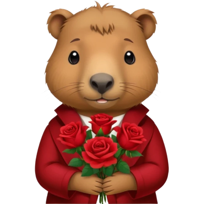 Cute capypara with sad puppy dog eyes holding roses  emoji